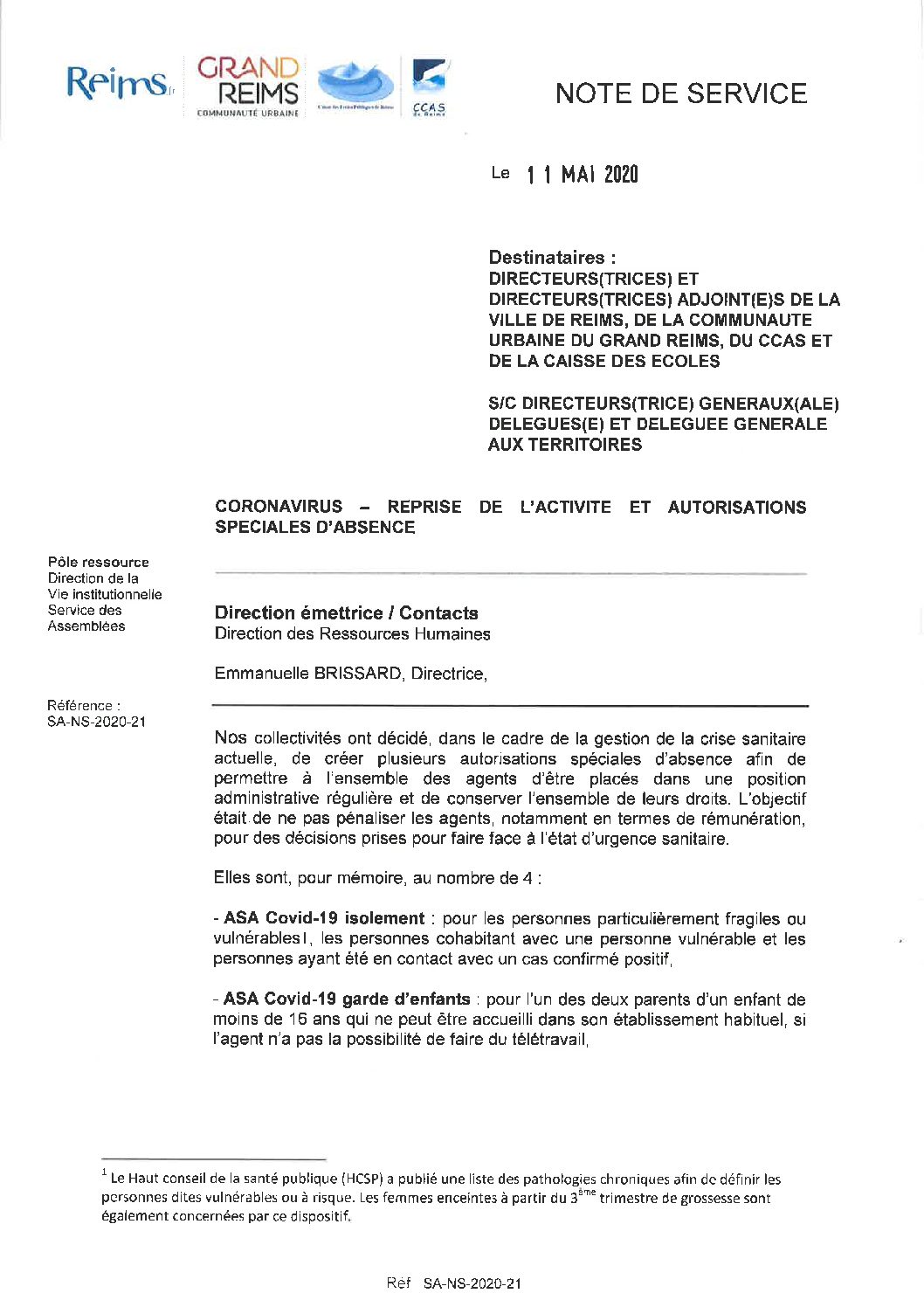 Note De Service Reprise De L Activite Et Autorisations Speciales D Absence Ufict Cgt Grand Reims